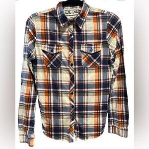 RZNC Aerosmith Design upcycled, Plaid Jrs Shirt in Blue, Orange & Cream Sz L